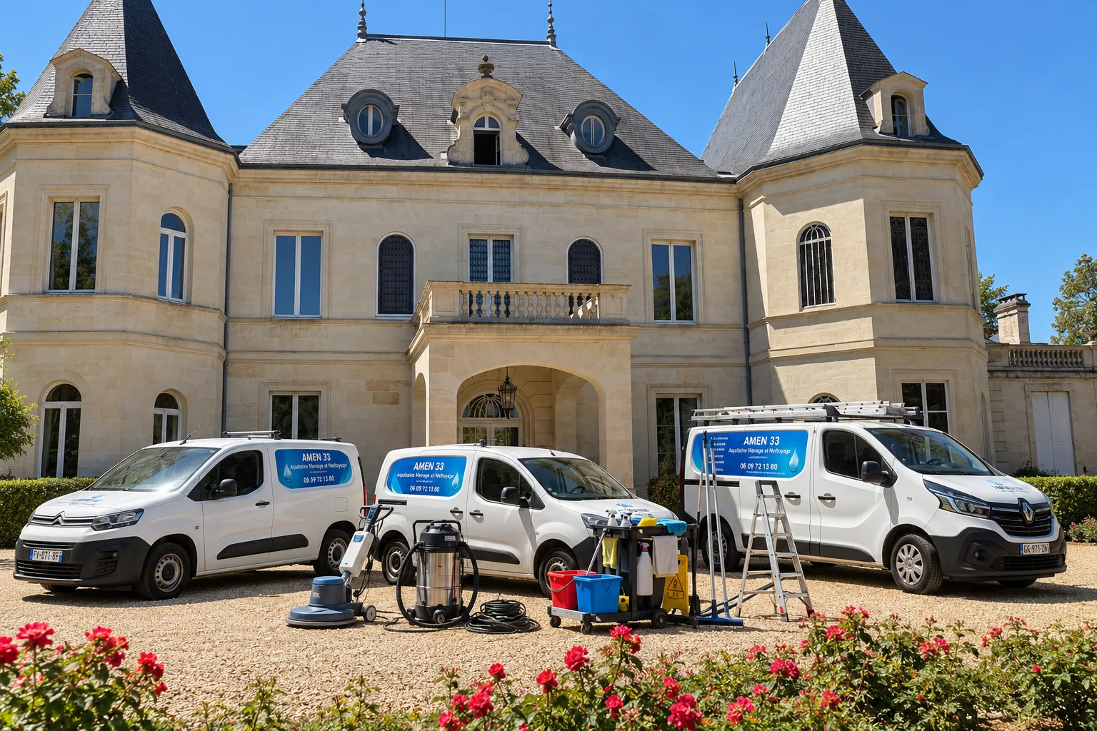 Véhicules AMEN 33 et matériel de nettoyage devant un château de Gironde