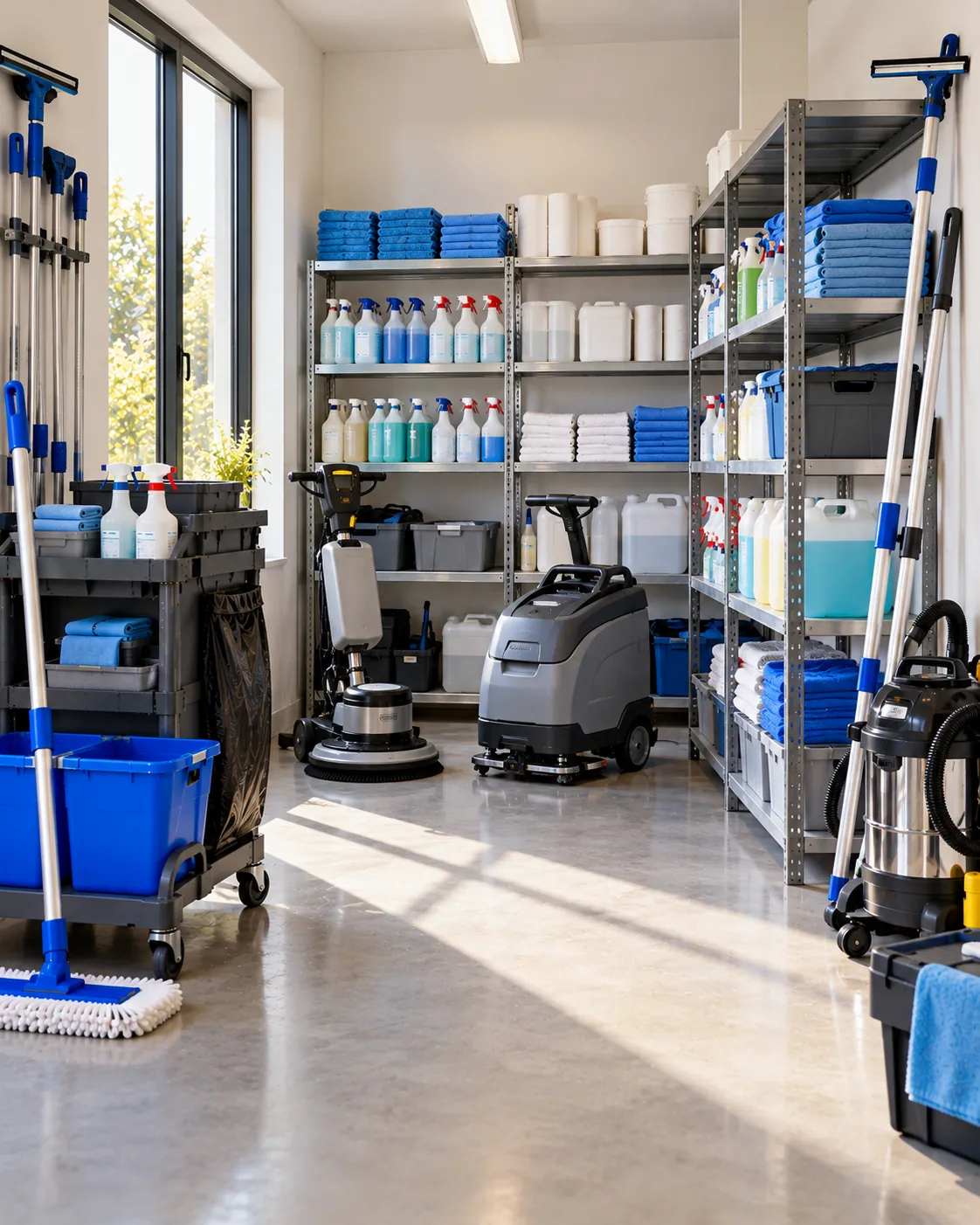 Local de matériel de nettoyage rangé : monobrosse, autolaveuse, chariot et perche pour vitres