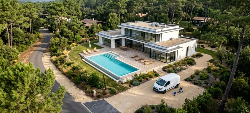 Maison avec piscine nettoyée après travaux