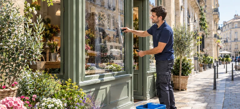 Lavage de la vitrine d'une boutique à Bordeaux avant l'ouverture