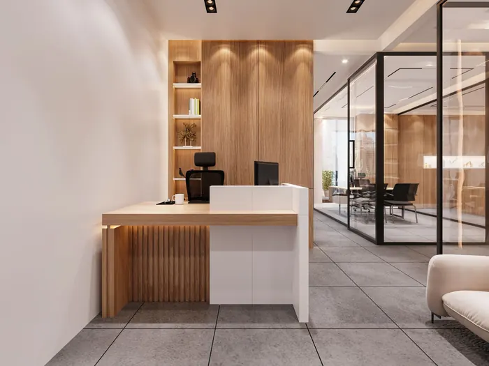 Banque d’accueil en bois d’un bureau moderne