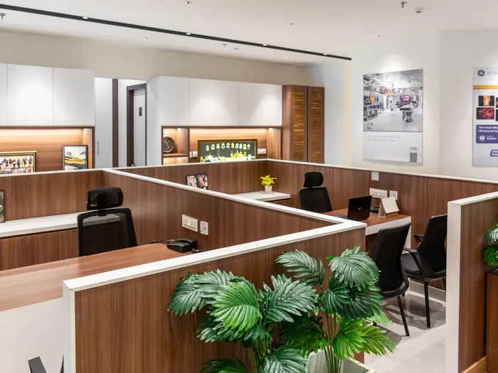 Bureaux chaleureux avec plantes et cloisons en bois