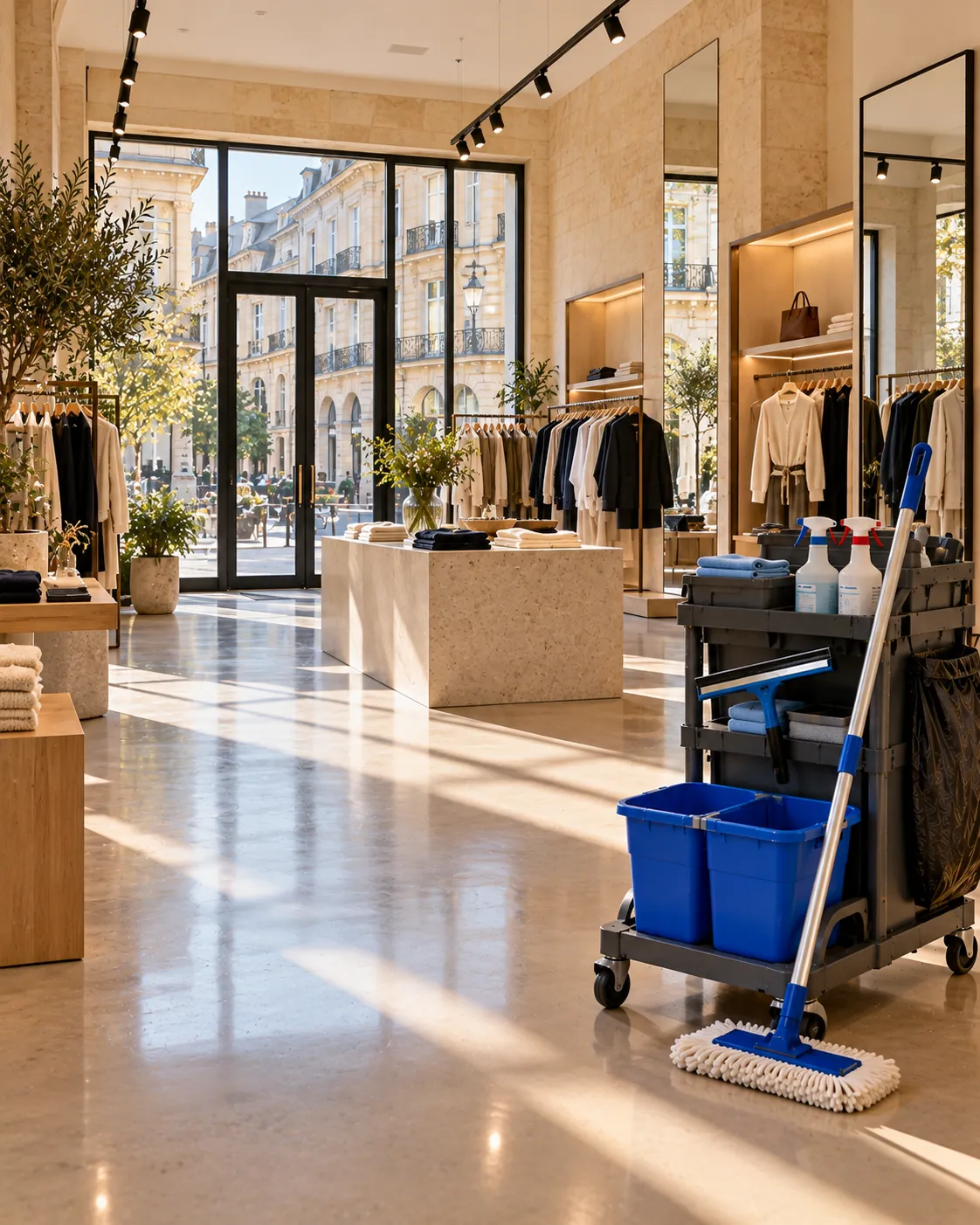 Intérieur d’une boutique de prêt-à-porter avant l’ouverture, avec un chariot de ménage au premier plan