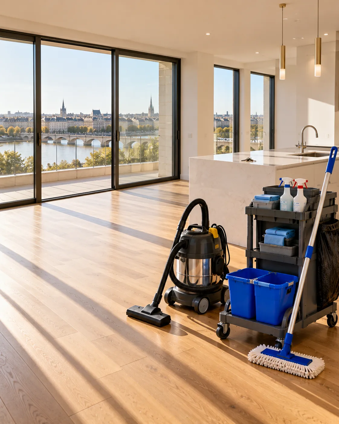 Appartement rénové et vide, parquet clair, avec un chariot de ménage et un aspirateur