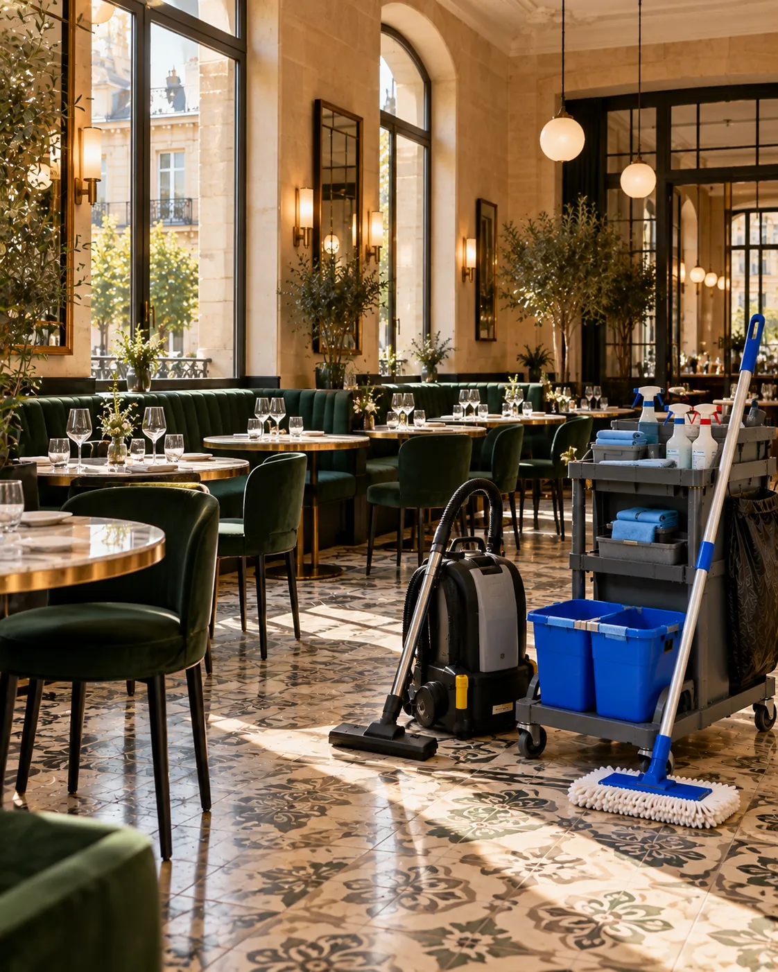 Salle de restaurant élégante avant le service, avec un chariot de ménage