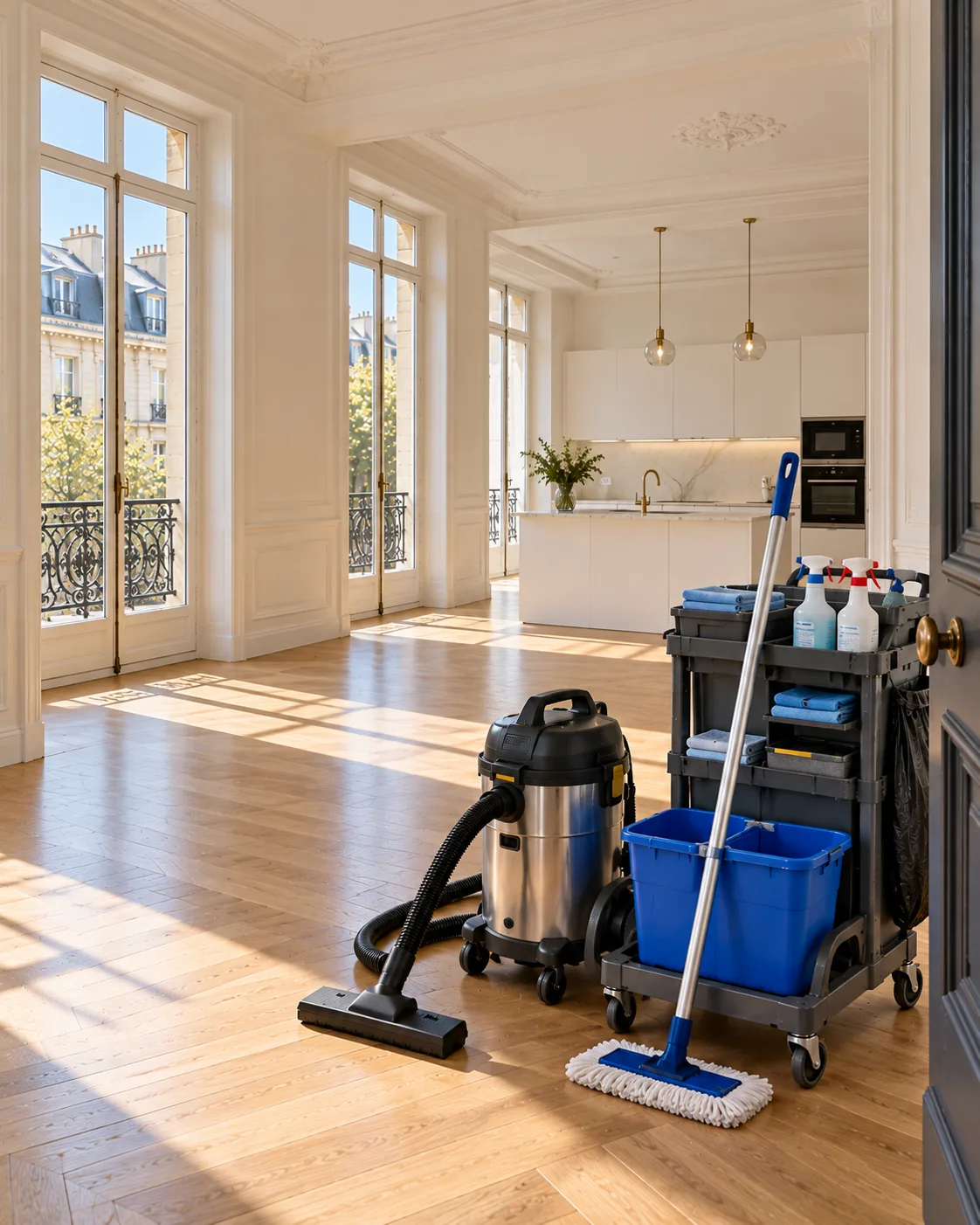 Appartement vide et lumineux prêt pour l’état des lieux, avec du matériel de nettoyage
