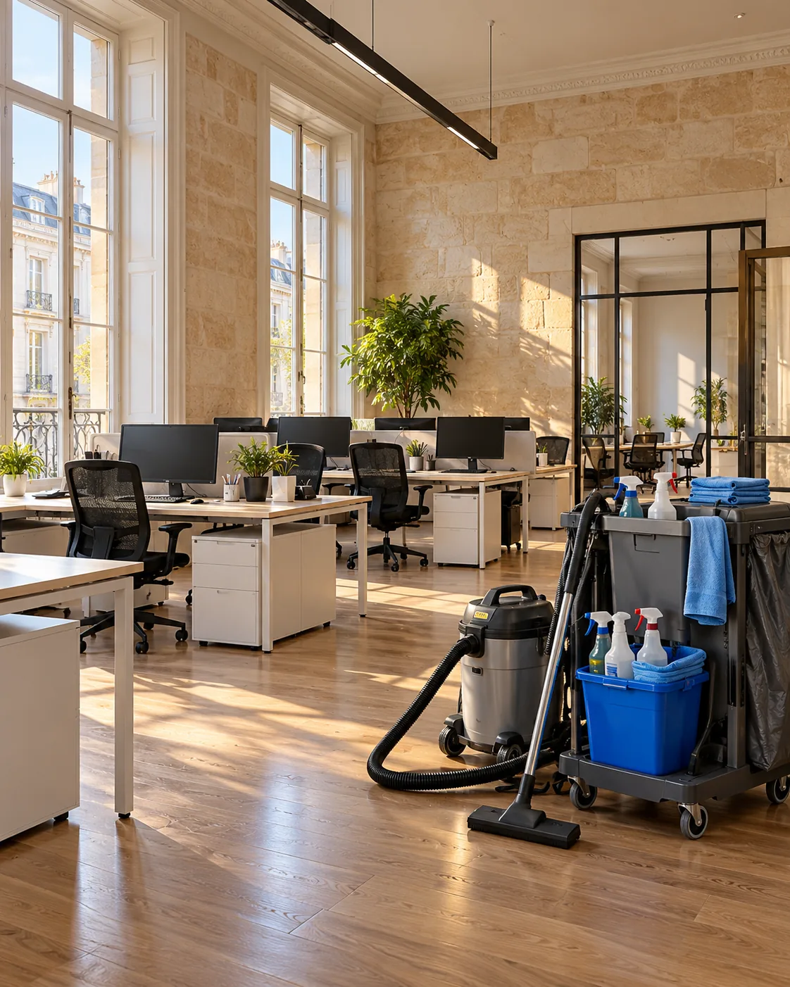 Plateau de bureaux lumineux avec un chariot de ménage et un aspirateur professionnel