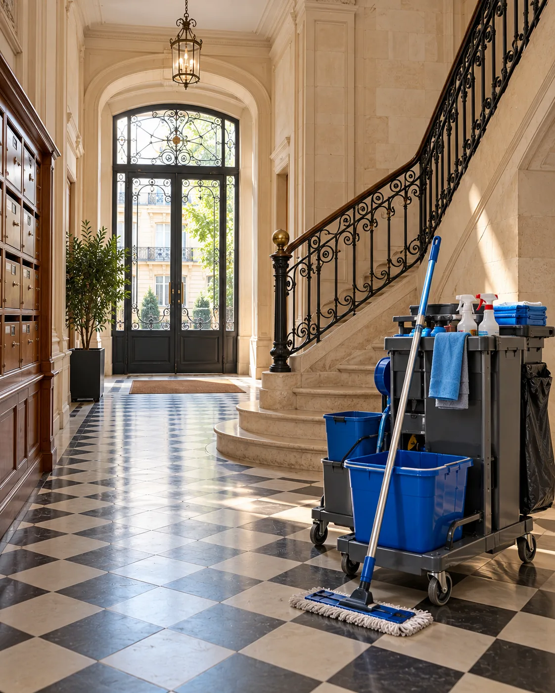 Hall d’entrée d’un immeuble bordelais en pierre, avec un chariot de ménage