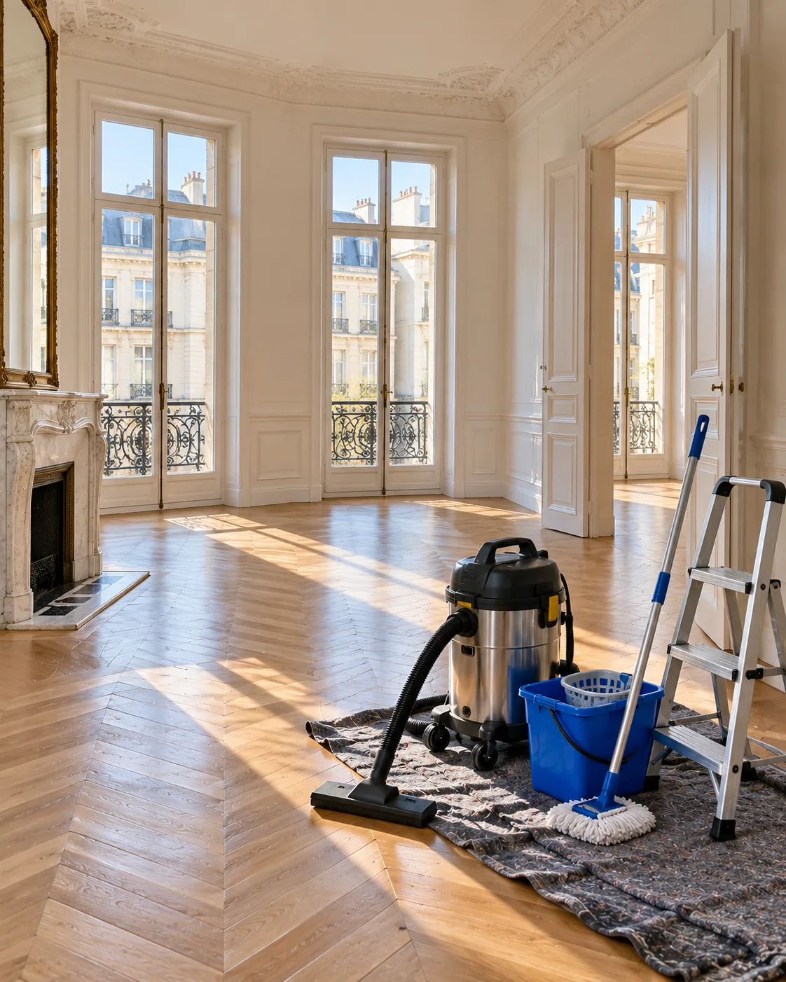 Appartement bordelais rénové, parquet clair et matériel de nettoyage