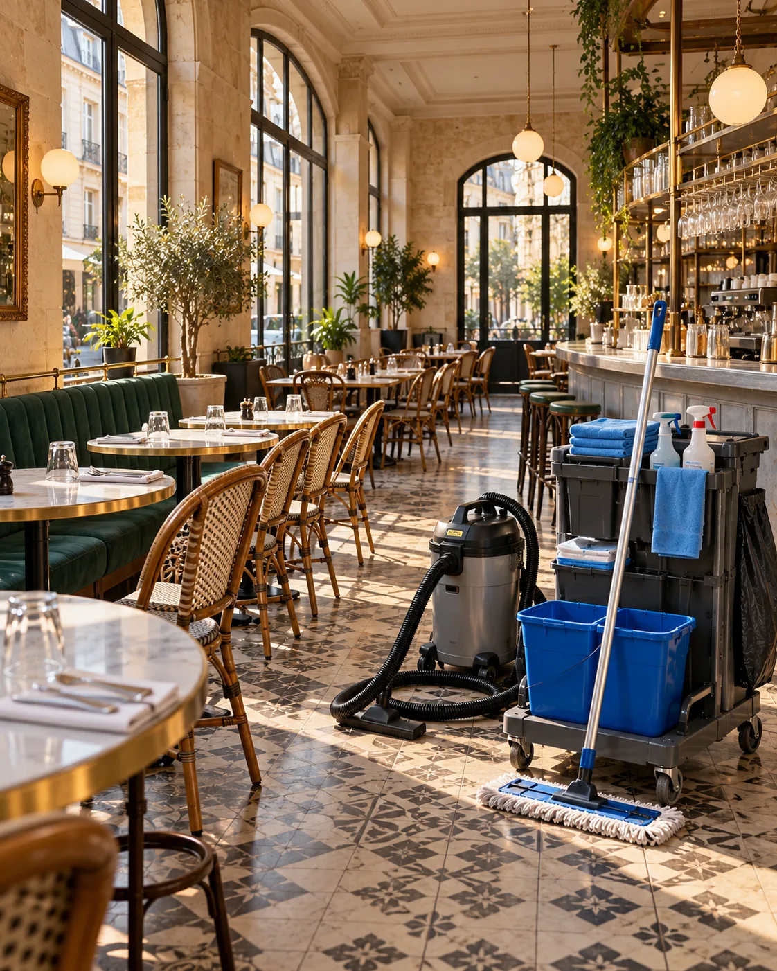 Salle de restaurant lumineuse avant l’ouverture, avec du matériel de nettoyage