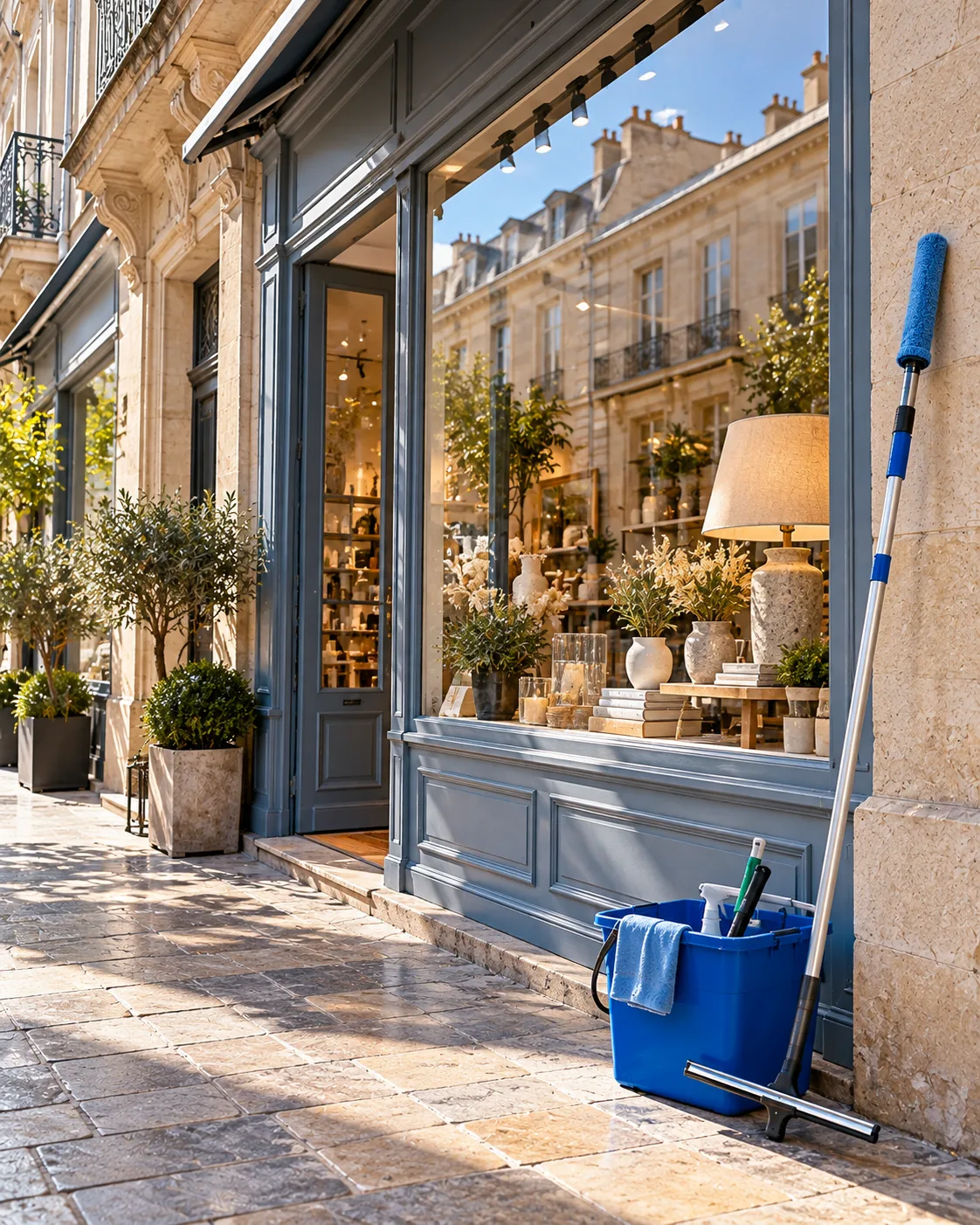 Vitrine d’une boutique bordelaise en pierre blonde, avec perche et raclette